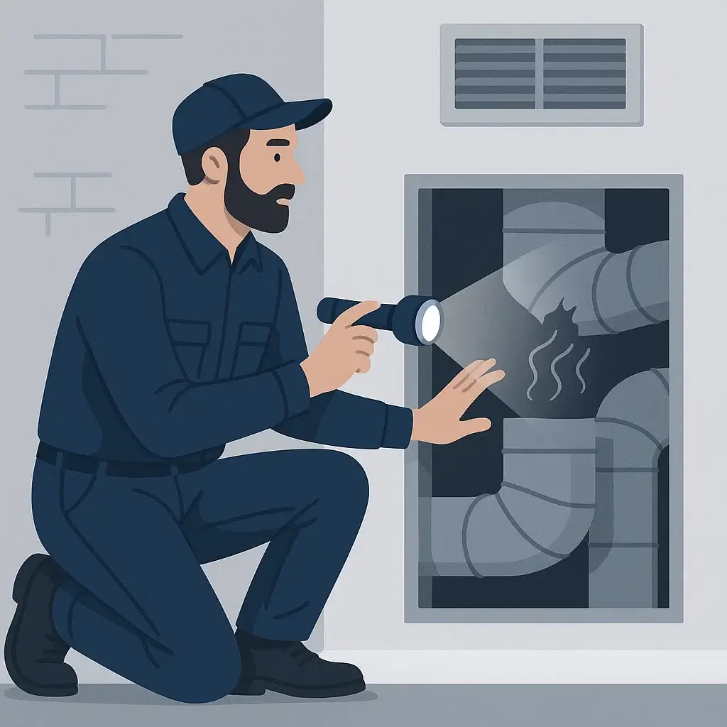 Pearland Air Ducts Cleaning TX technician inspecting hidden duct issues with camera and flashlight