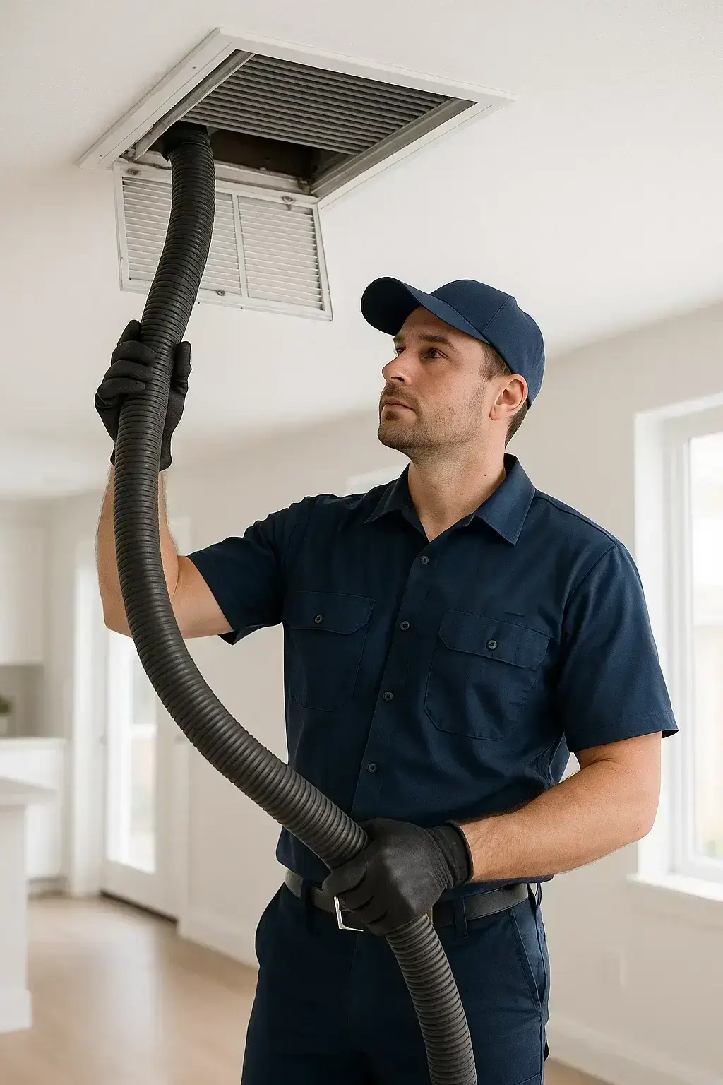 Professional Pearland Air Ducts Cleaning TX technician cleaning an air vent inside a bright modern home