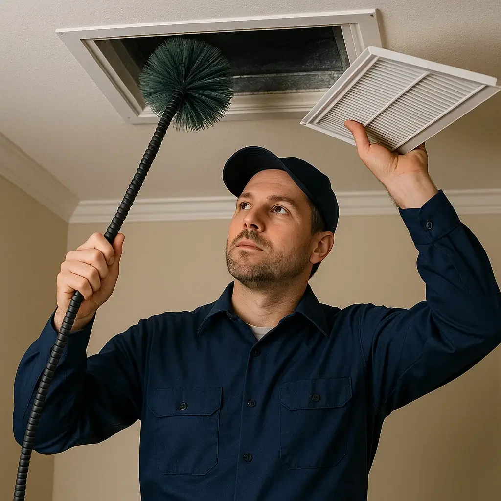 Pearland Air Ducts Cleaning TX technician cleaning and inspecting home HVAC duct for better airflow and comfort