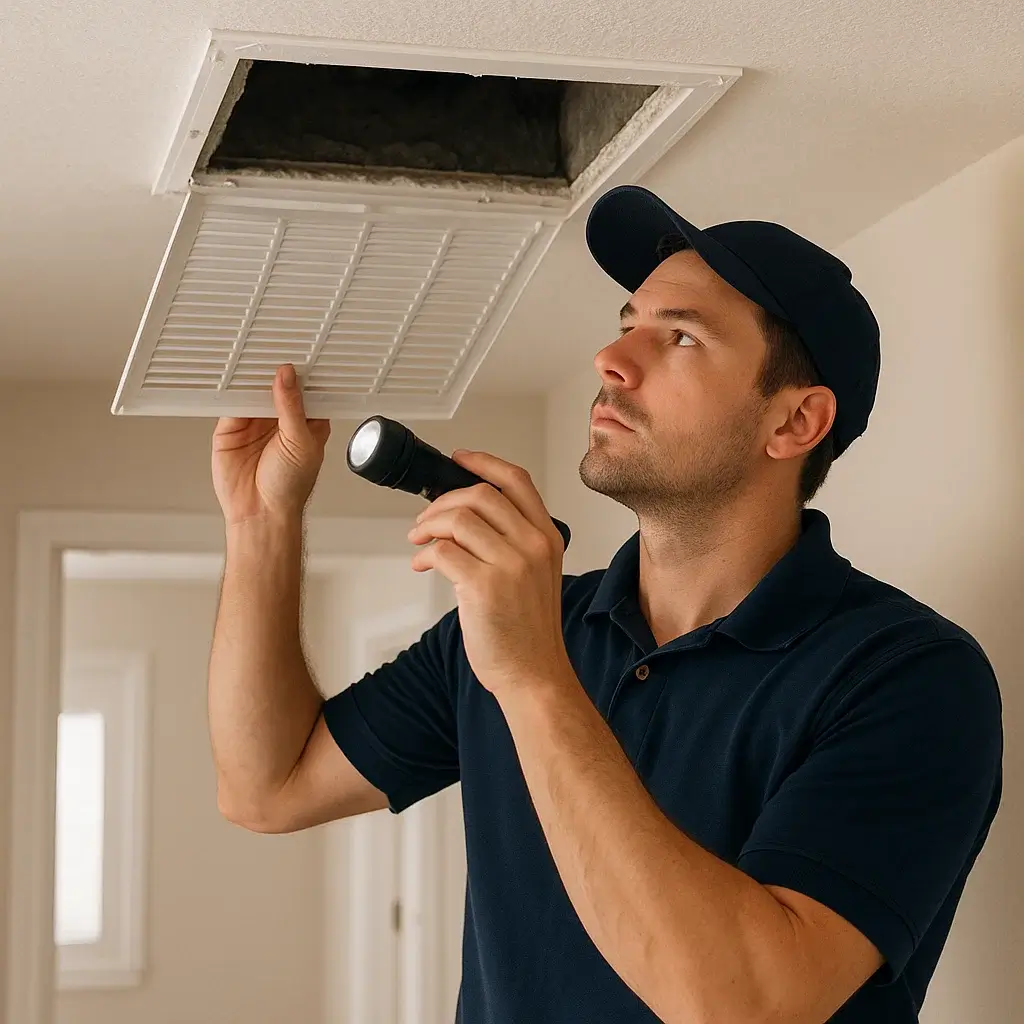 Pearland Air Ducts Cleaning TX technician inspecting hidden duct issues with camera and flashlight