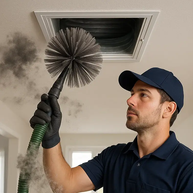 Pearland Air Ducts Cleaning TX technician using rotating brush and vacuum to clean residential air vent